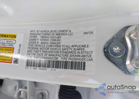 2025 Honda Accord Se z USA, uszkodzony, nr VIN 1HGCY1F4XSA037299